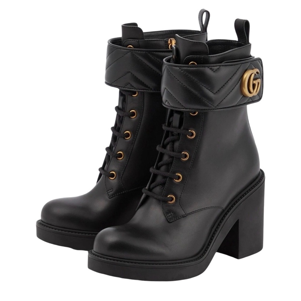 Gucci Double G Marmont Leather Combat Ankle Boots Lace up Black Gold, Size 40